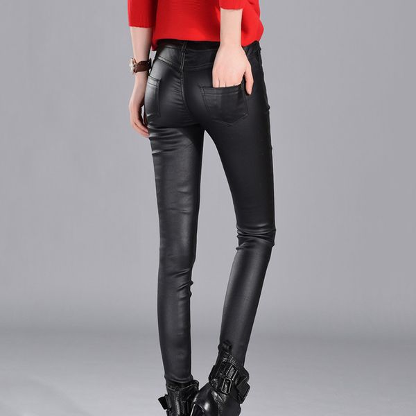 

искусственная искусственная кожа высокая талия карандаш женские брюки осень черные леггинсы эластичные брюки для женщин женская модная одежд, Black;white