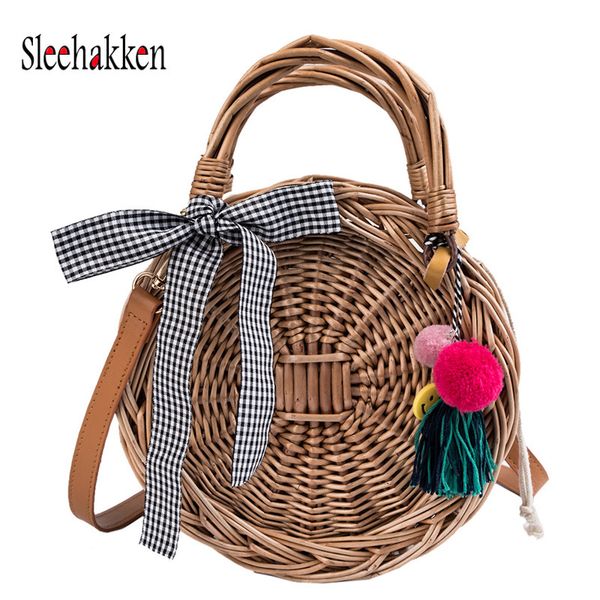 

бамбуковых женщины круглых соломы сумка пляж сумка хобо лето handwoven сумка кошелек с pom poms
