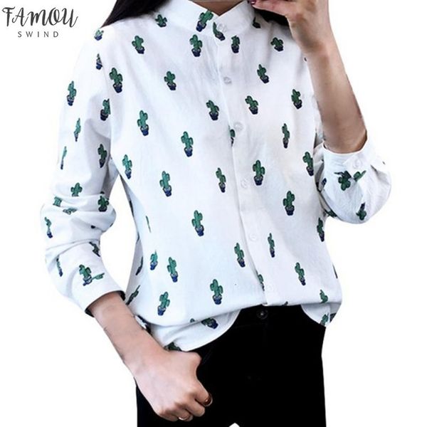 

girls women casual long sleeve t shirts sweet cute cactus printed mandarin collar white drop shipping