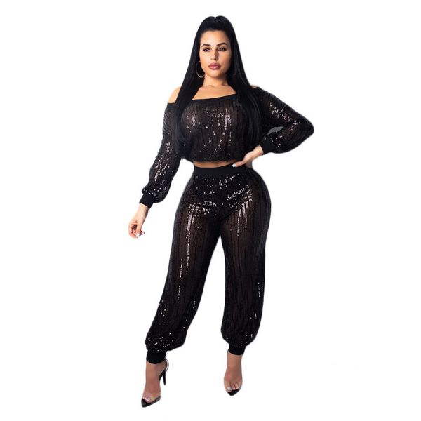 

fashion glam sparkle sequins women's set perspective mesh off shoulder lantern sleeve crop + loose pants 2 piece set, Gray