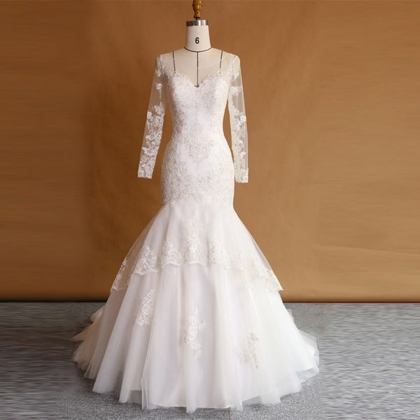 

charming scoop white mermaid wedding dresses lace appliques plunging back long sleeve wedding dresses tiered skirt discount bridal gowns