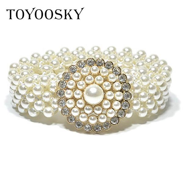 

toyoosky new arrival accessories elegant silver buckle inlaying rhinestone pearl flower elastic belts women strap waistband, Black;brown