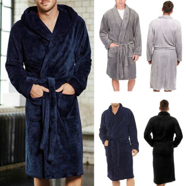 

women men´s long sleepwear robes shawl collar coral fleece bathrobe spa pajamas, Blue;gray