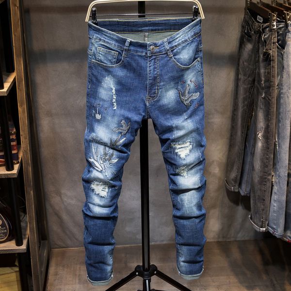 

вышивание мужские джинсы европа и америка вышитые изношенные тонкий fit карандаш брюки мужские длинные штаны, Blue