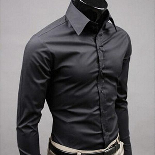 

men shirt long sleeve fashion mens casual shirts cotton solid color business slim fit social camisas masculina, White;black