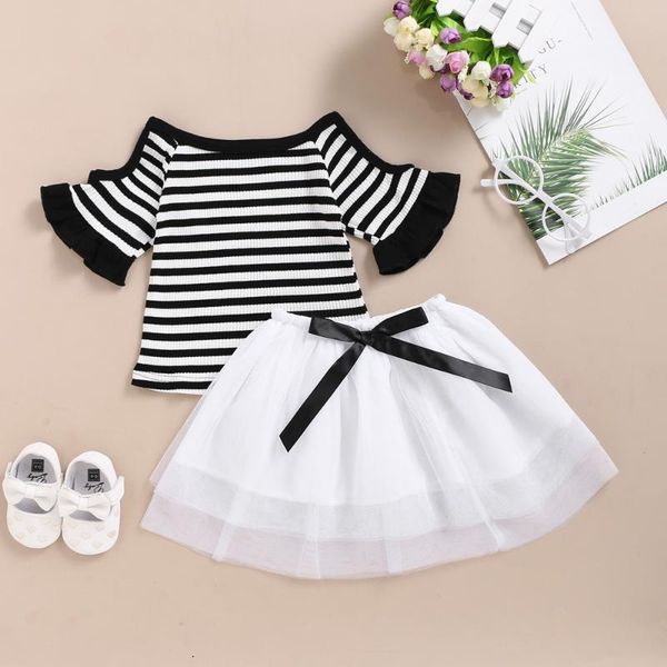 

oeak 2020 new summer kids girls clothing set newborn baby striped short sleeve t-shirt shorts suit 2pcs children skirt suits, White