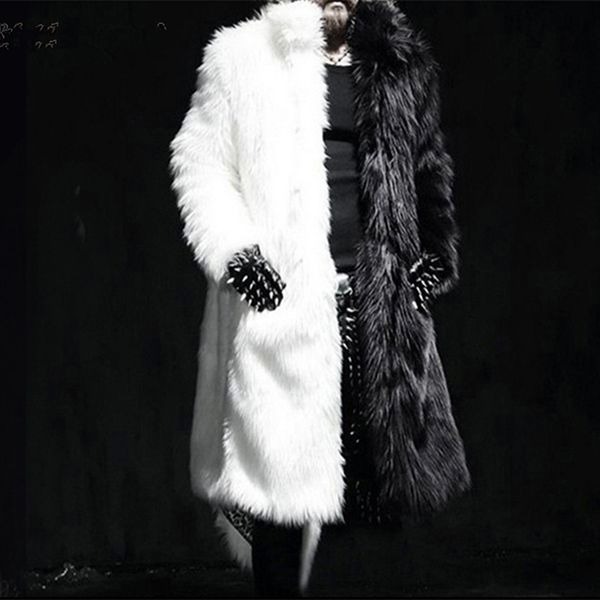 

2019 fashion contrast black / white mens long faux fur coat warm fake leather & suede thick auutmn winter cool gothic parka coat
