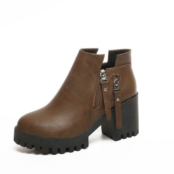 

platform boots high heels .5cm pu winter shoes plush winter boots short tube thick heel punk women motorcycle boots botas rock mujer, Black