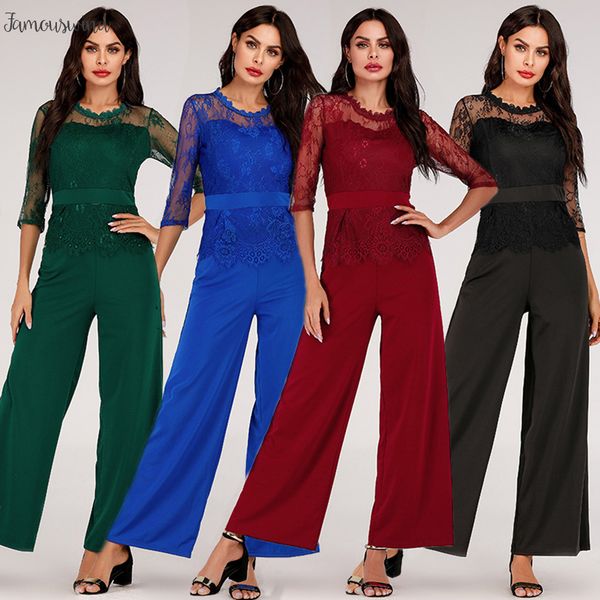 

office jumpsuit lace women rompers 2019 summer elegant ladies work wear overalls for women wide leg tracksuit long pant, Black;white