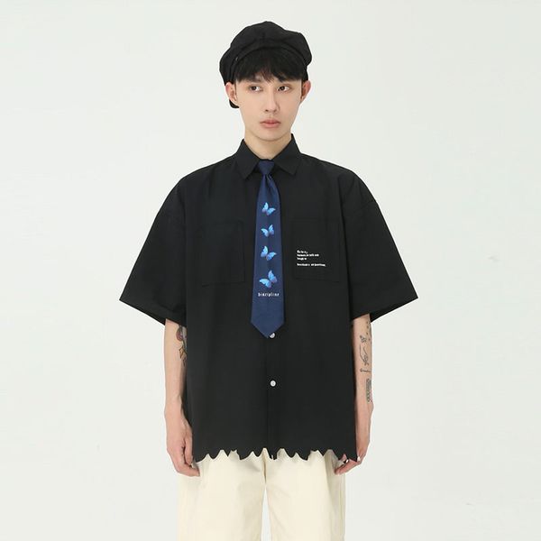 

new male women streetwear hip hop youthful couple shirt men butterfly tie short sleeve casual shirt, White;black