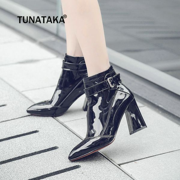 

women patent leather ankle boots fashion zipper chunky high heel women boots wine red black