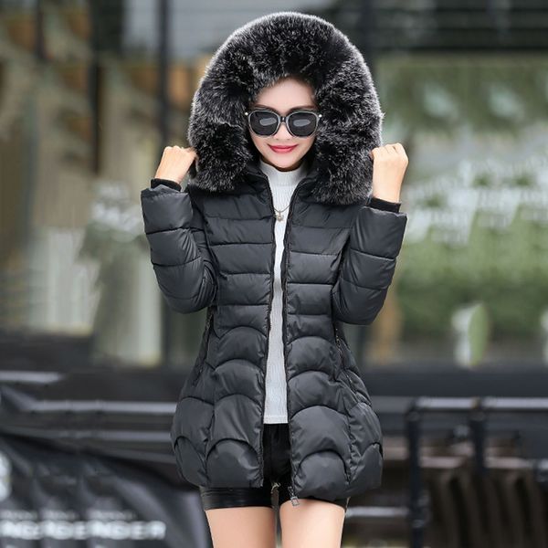 Giacca imbottita in cotone Donna Cappotti invernali in pelliccia sintetica doppia spessa Cappuccio caldo Pelliccia Plus Size Parka Soprabito nero gotico coreano 2XL