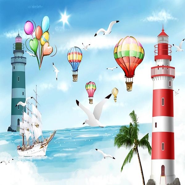 

custom large mural 3d wallpaper ocean scenery lighthouse steamer seagull baby bedroom mural tv back wall decor deep 5d embossed