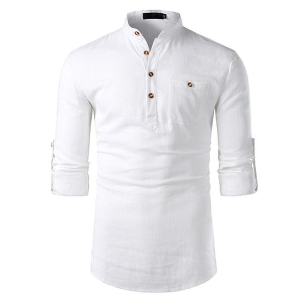 

cotton-linen long sleeve mens shirts lapel neck solid mens with pockets fashion male clothing
