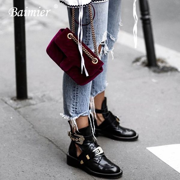 

baimier gold silver buckle ankle boots for women fashion brand low heel shoes women motorcycle boots spring autumn, Black