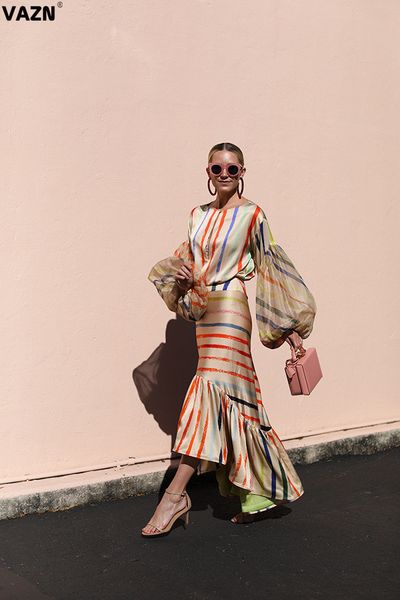 

vazn 2020 vintage style young lady of note holiday smart fancy georgette fashion striped full sleeve women mermaid maxi dress, Black;pink