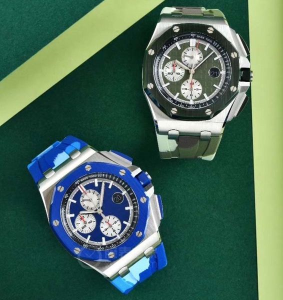 

new men watch 44mm vk chronography quartz movement 26400 series mens watch rubber strap waterproof watches 30m luminous fashion wristwatch, Slivery;brown