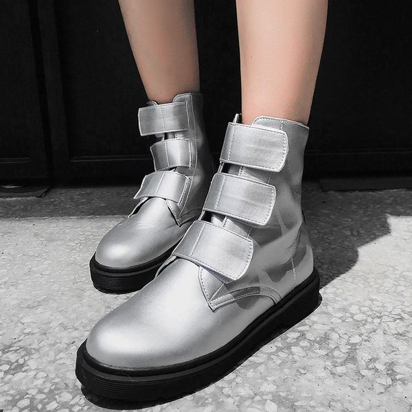 

rimocy plus size silver leather ankle boots women 2020 retro punk platform shoes woman convenient waterproof ladies shoes, Black