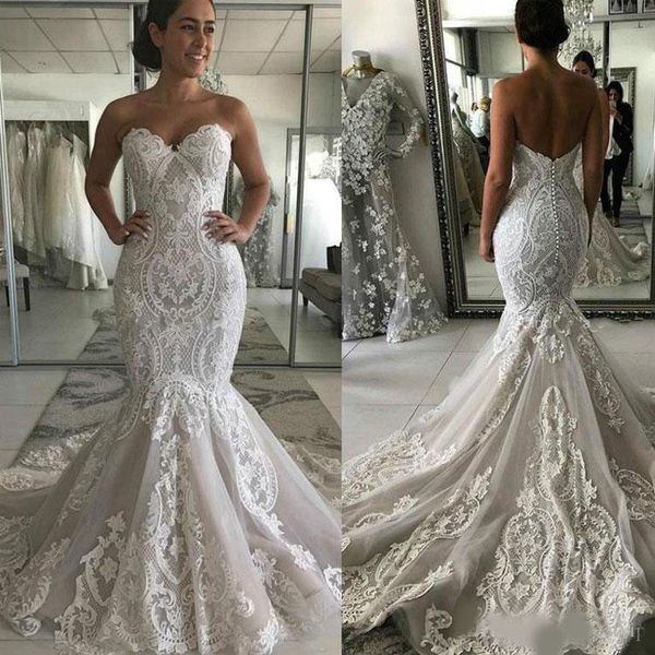 

elegant mermaid wedding dresses sweetheart lace appliqued sweep train bridal gowns plus size backless bridal gowns vestido de novia, White