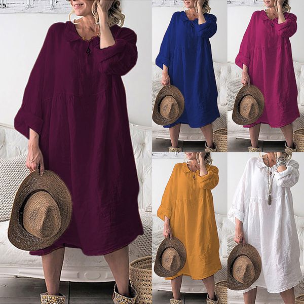 

summer dress women's casual plain buttoned o-neck solid long sleeve plus size elegant loose dresses woman party night vestidos, Black;gray