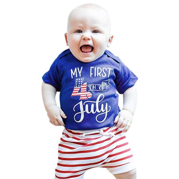 

kids baby boys letter print romper bodysuit striped shorts outfit july of 4th, White
