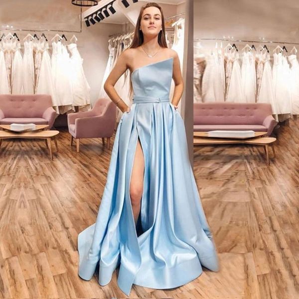 

sky blue formal evening dress side split train prom dress women long evening party gown custom made, White;black