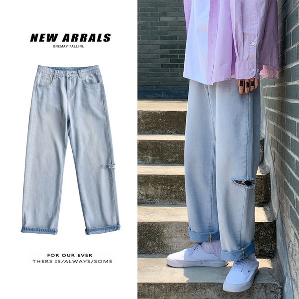 

men's jeans summer ripped straight fashion solid color retro casual hole men streetwear loose hip hop denim trousers mens, Blue
