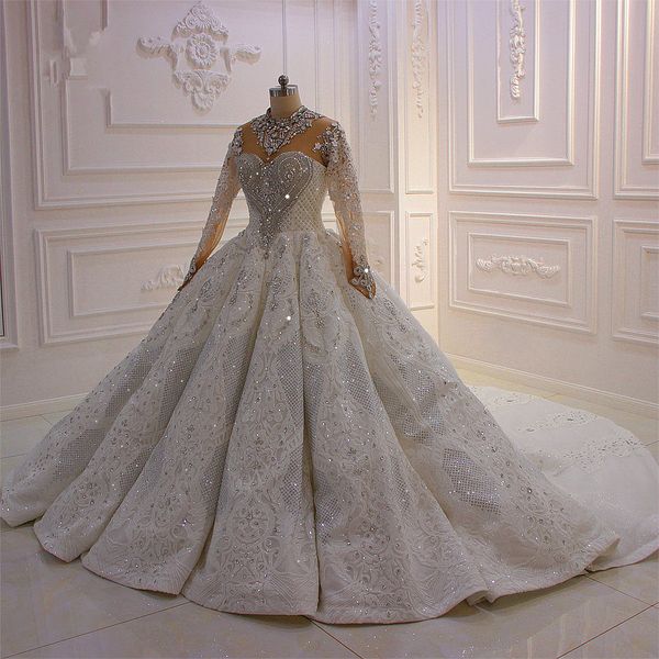

100% real pictures ball gown wedding dresses luxury saudi arabian plus size high neck muslim long sleeves bridal gown with crystal beaded, White