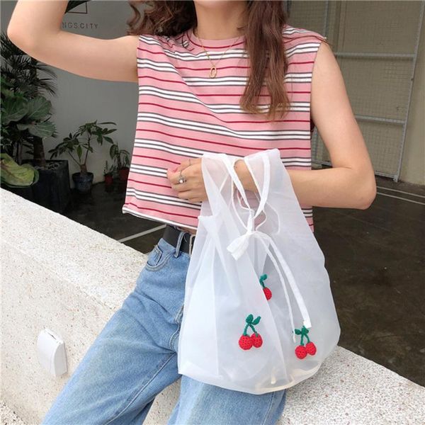 

women handbags cherry korean organza sweet female female classic elegant shoulder handbags tote mesh shopping bags