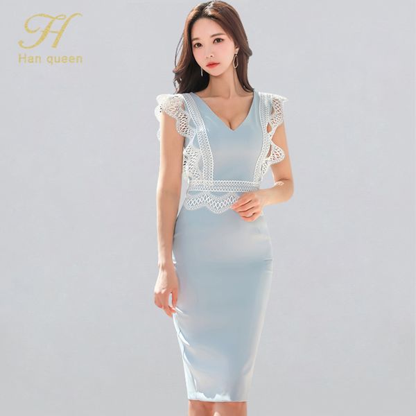 

h han queen summer v-neck lace splice pencil dress women new sleeveless slim sheath occupation dresses elegant work vestidos, Black;gray