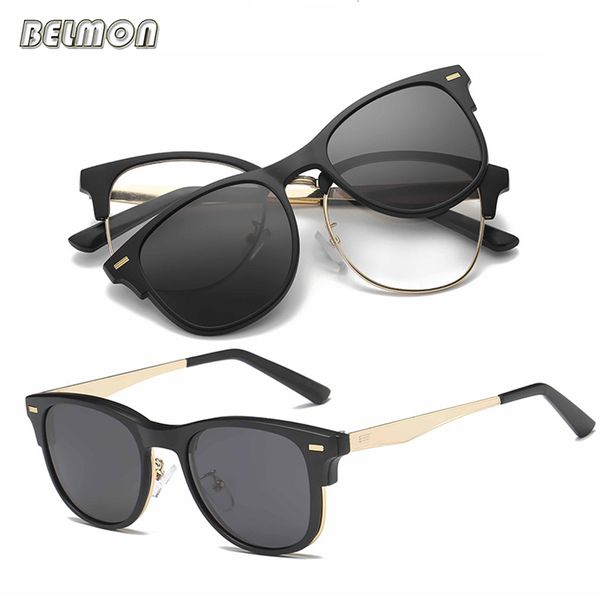 

belmon spectacle frame men women with polarized clip on sunglasses magnetic clear glasses male female optical eyeglasses rs488, Black