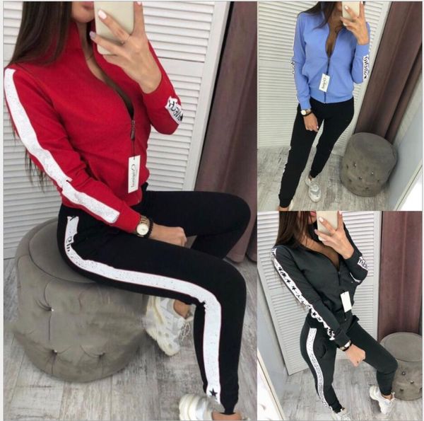 

xl new women tracksuit two piece outfits long sleeve sports suit daily lady striped print tracksuit sport sweatsuit plus size women clothing, White