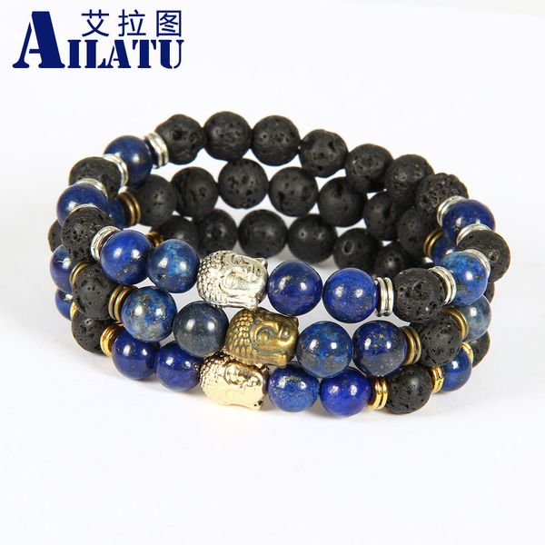 

ailatu wholesale 10pcs/lot 8mm new lapiz lazuli stone beads men's buddha energy yoga meditation bracelets party gift jewelry, Golden;silver