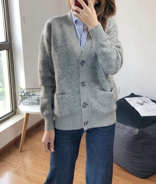 

women mohair and wool cardigan sweater single breasted double pockets long sleeve v neck soft coat for 2019 new autumn winter, White