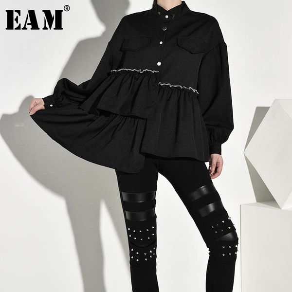 

eam] women asymmetrical ruffles cake blouse new stand collar long sleeve loose fit shirt fashion spring autumn 2019 1b7170, White