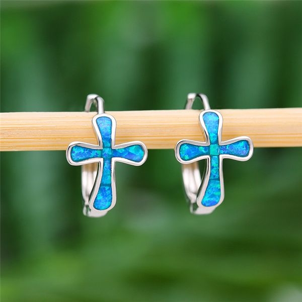 

simple female blue opal stone earrings vintage silver color small hoop earrings for women charm bridal cross wedding, Golden;silver