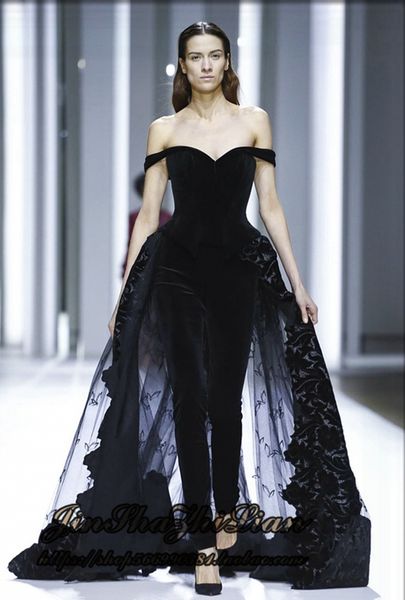 

custom made gorgeous off shoulder black jumpsuit evening dresses beaded appliqued tulle velvet red carpet dresses formal party dress, Black;red