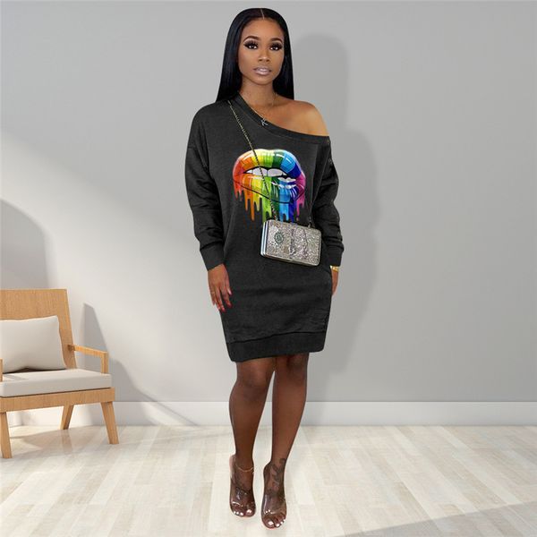 

женщины с длинным рукавом и колен платья 2020 дамы повседневная lip printed dew плеча one-частей платье женский outfit длиной до колен плать, Black;gray