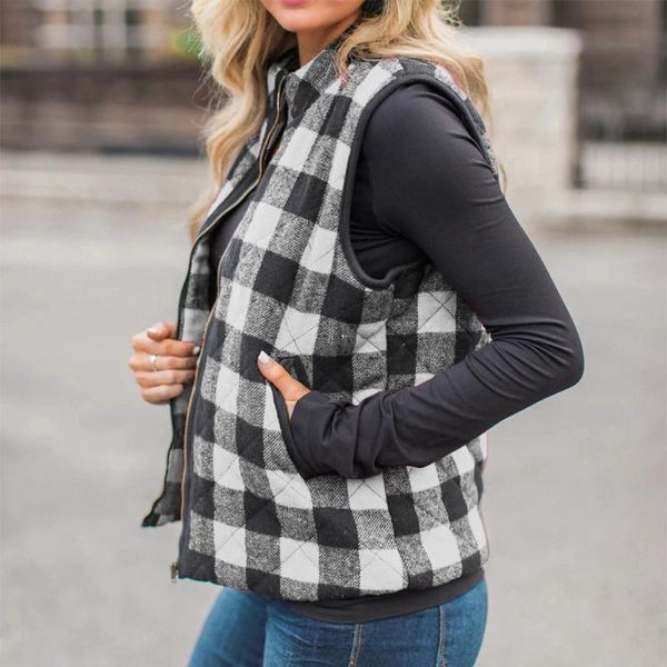 

women slim coats plaid print women sleeveless jacket winter vest female slim vest women's windproof warm waistcoat plus size#j30, Black;white