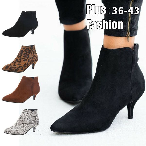 

nis women suede ankle boot mid stiletto heel side zip pointed toe party work outdoor shoe fine heel leopard print fashion, Black