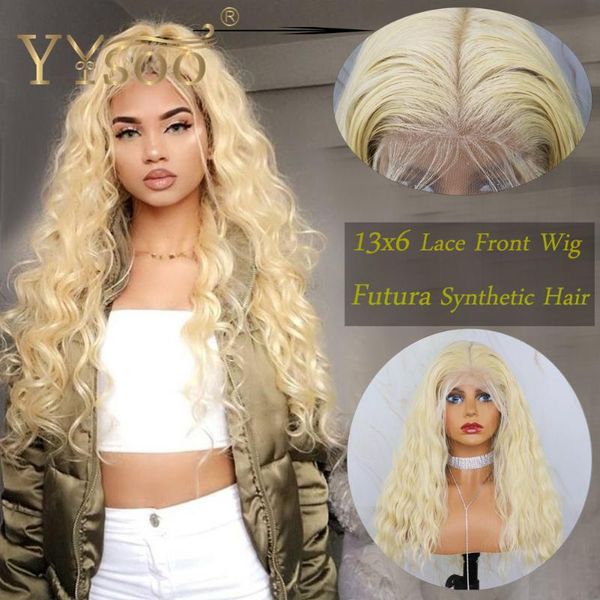 

yysoo long 613 color13x6 synthetic lace front curly wigs for women japan futura heat resistant loose wave blonde wig baby hair, Black