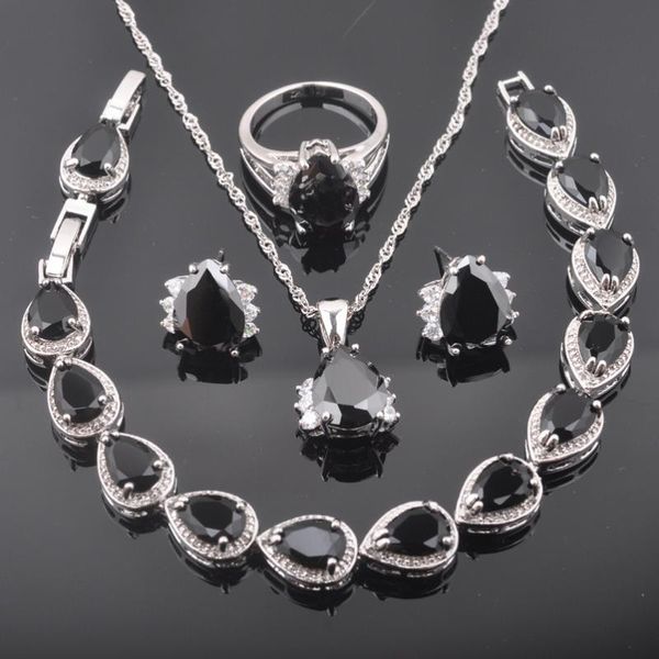 

elegant balck crystal silver color jewelry sets for women bridal jewelry rings necklace bracelets earrings birthday gift qs0258