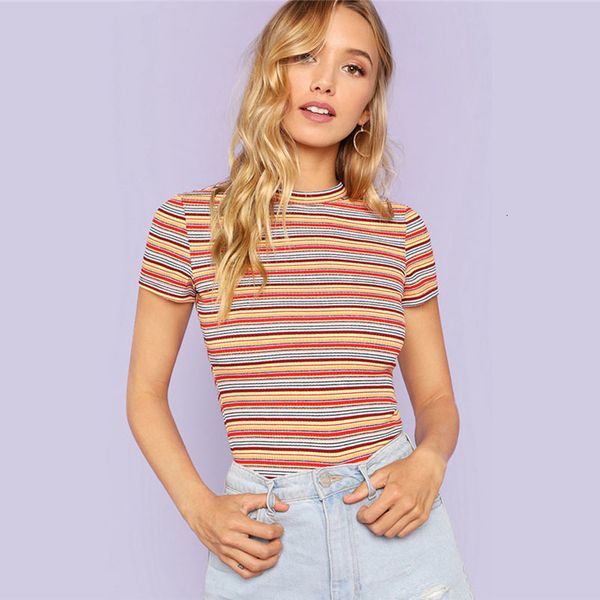 

t shirt knit striped tee multicolor short sleeve round neck slim fit women ribbed athleisure casual, White