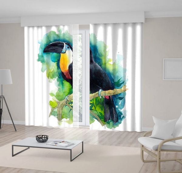 

toucan in forest tropical bird painting on green background watercolor artwork black teal yellow curtain