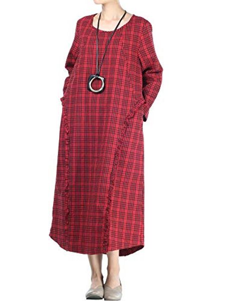 

mordenmiss women's cotton linen dresses patchwork plaid long sleeve dress with pockets, Black;gray
