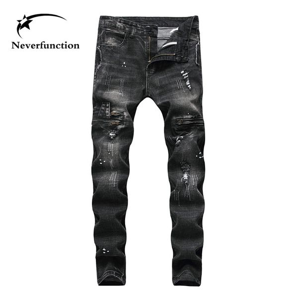 

men's jeans fashion brand men slim fit hip hop swag straight ripped black motorcycle destroyed cotton vintage holes denim pants, Blue