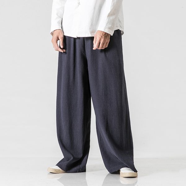 

male wide leg pant men elastic waist straight causal pants solid cotton linen loose dancing trousers, Black