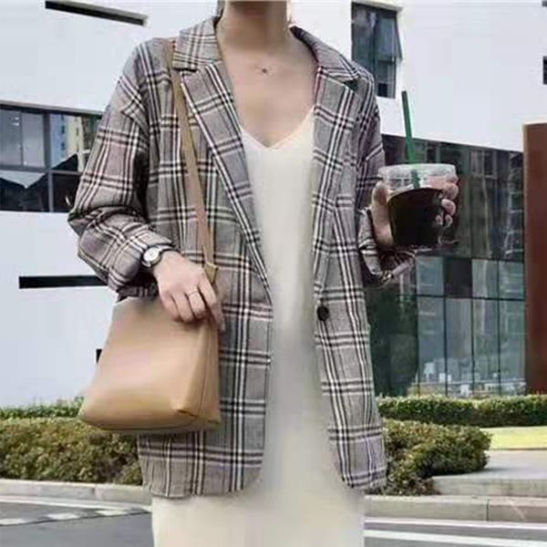 

plaid print office lady long sleeve blazer turn-down collar england style women blazers coat casual loose female clothes 2019, White;black