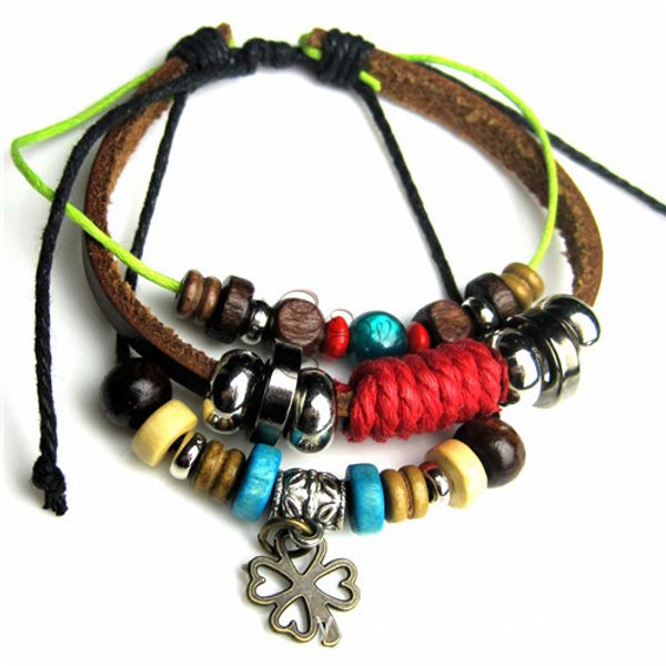

multilayer leather bracelets bangle clover punk hand woven bracelest diy handmade retro bracelet jewelry valentine's day gift, Golden;silver
