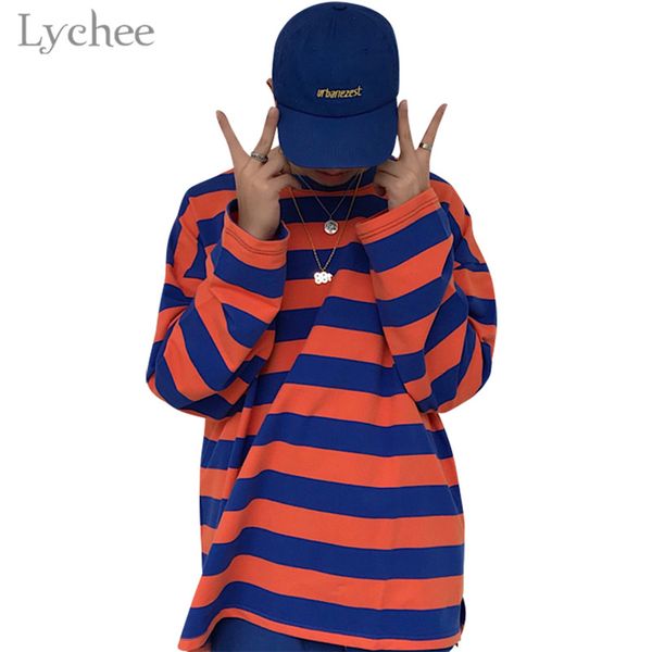 

lychee trendy hit color stripes women t-shirt long sleeve o-neck color block female t shirt casual loose tee top, White